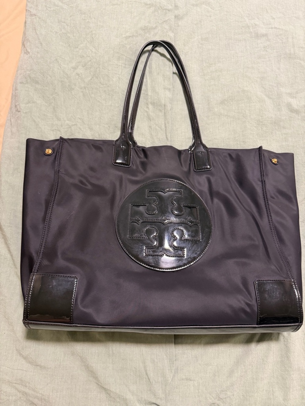 Tory Burch Black Nylon Logo Tote with Patent Trim